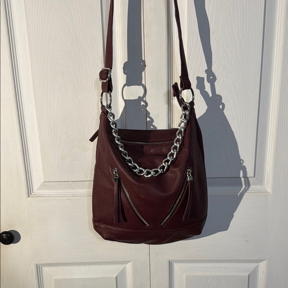 Brown and Silver Shoulder Bag with Suede Finish